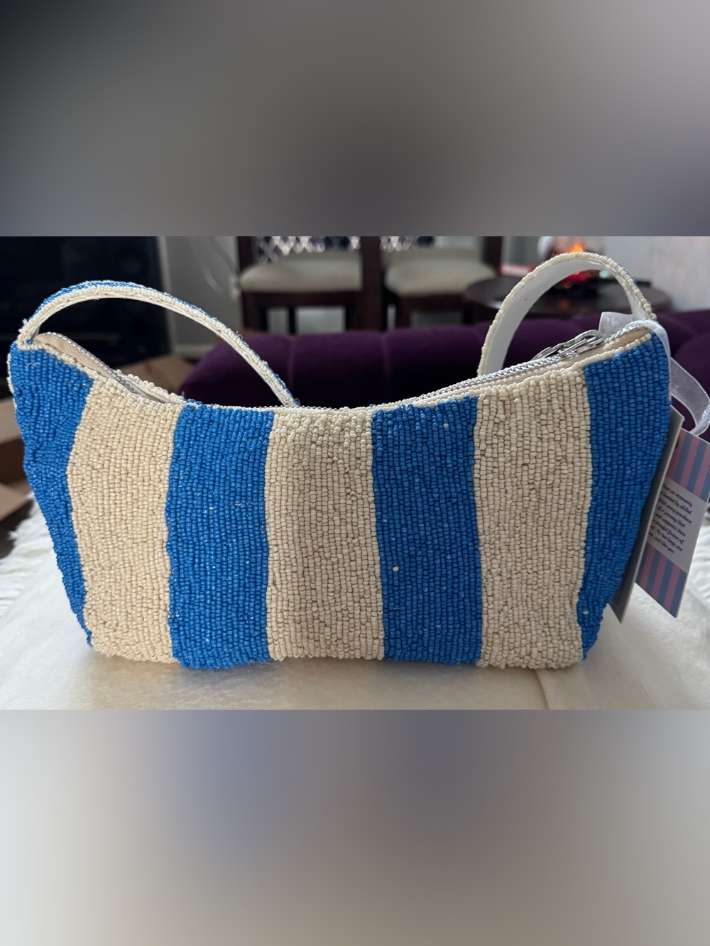 NWT Viral Handcrafted Blue Striped Beaded Cocktail Bag - Picture 3 of 3